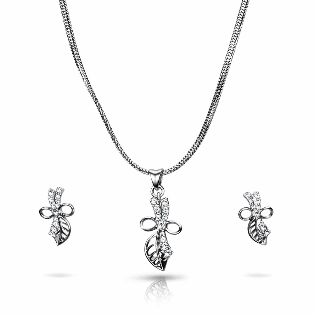 Leaf & Bow Pendant Necklace with Matching Earrings