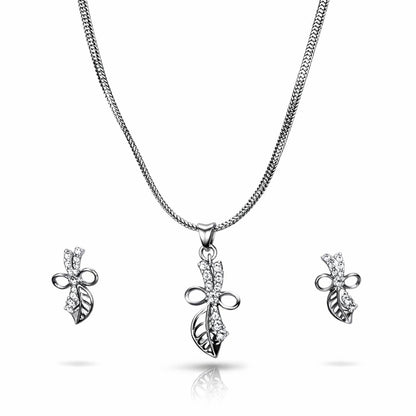 Leaf & Bow Pendant Necklace with Matching Earrings