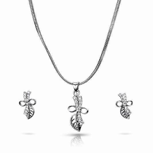 Leaf & Bow Pendant Necklace with Matching Earrings