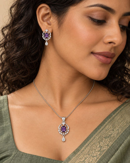 Royal Amethyst Silver Finish Antique Pendant Set