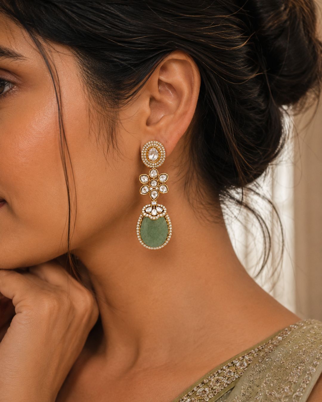 Sabyasachi inspired Polki Green Drop Earrings for Women