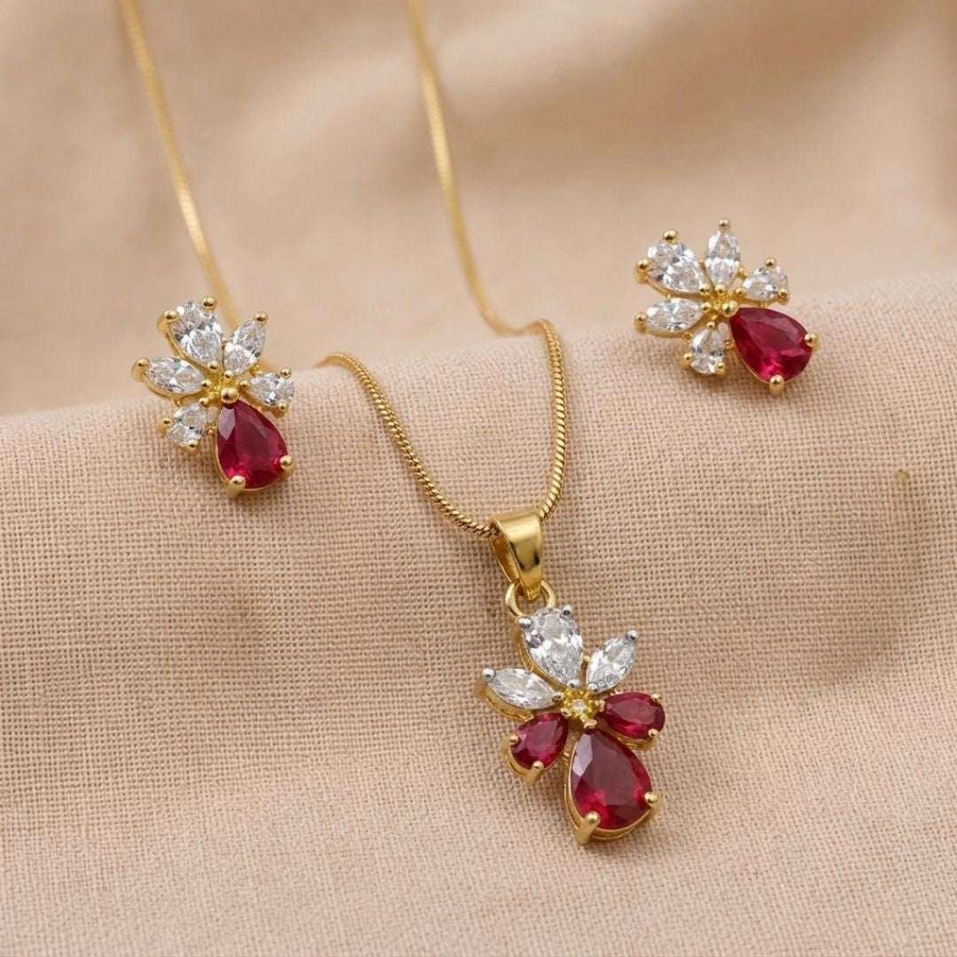 Ruby Bloom Gold Finish Wedding Jewellery Pendant Set