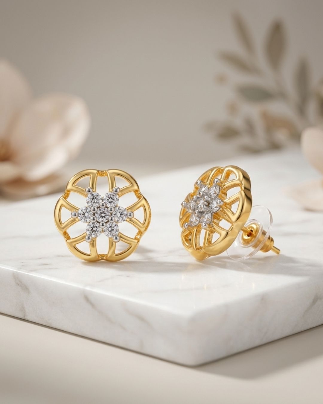 Gold Floral CZ Stud Earrings | Open Petal Design | Dual Tone Finish