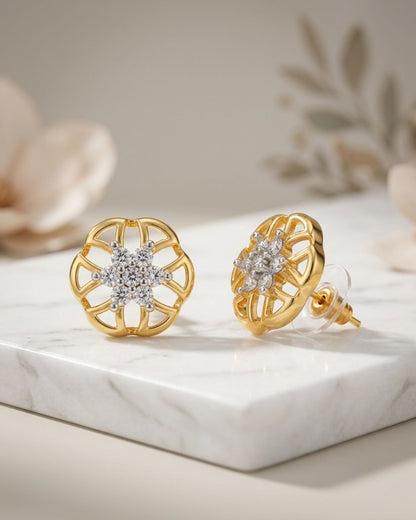 Gold Floral CZ Stud Earrings | Open Petal Design | Dual Tone Finish