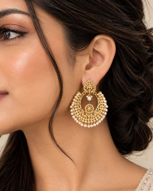 Elegant Chandbali Earrings with Pearl Beads