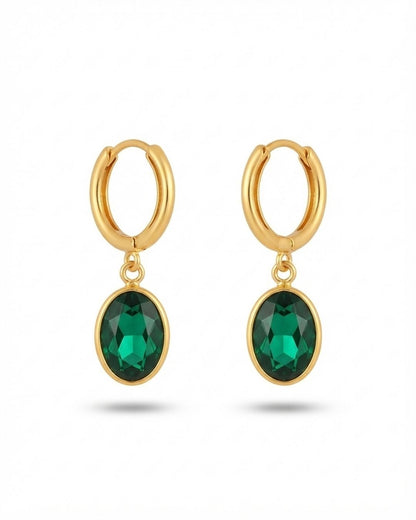 Green Oval Stone Hoop Drop Earrings for Women