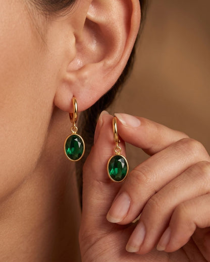 Green Oval Stone Hoop Drop Earrings for Women