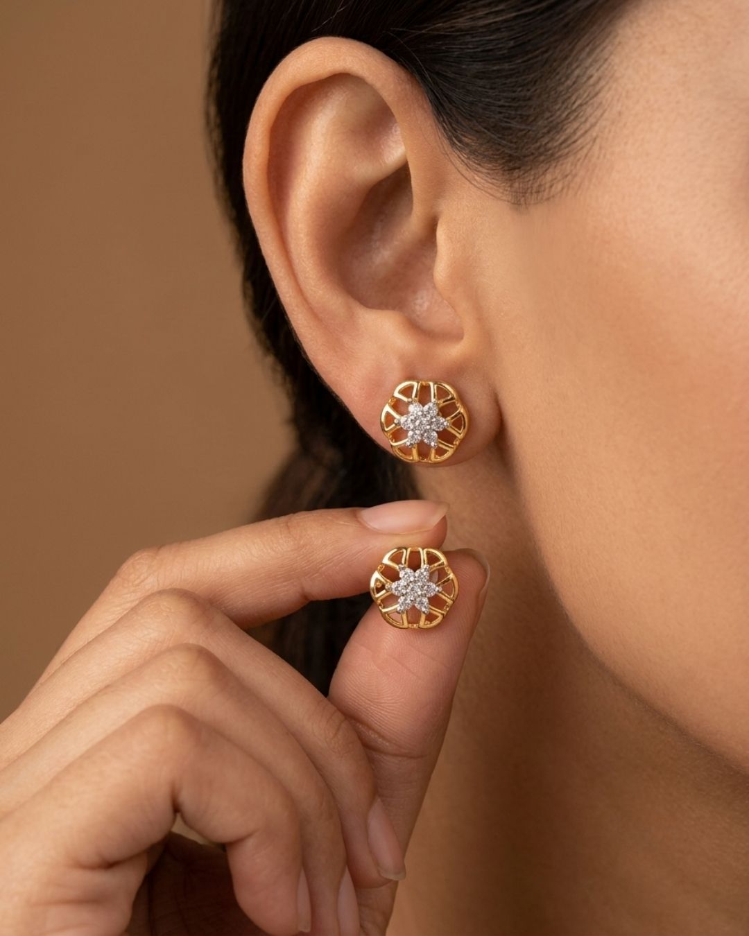 Gold Floral CZ Stud Earrings | Open Petal Design | Dual Tone Finish