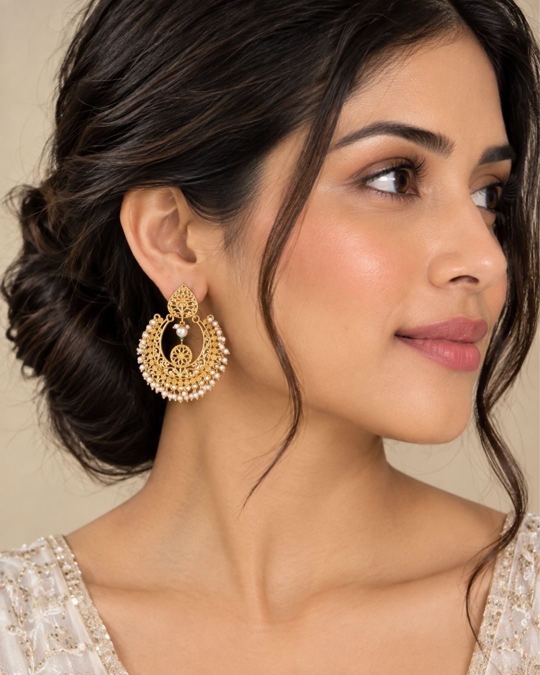 Elegant Chandbali Earrings with Pearl Beads