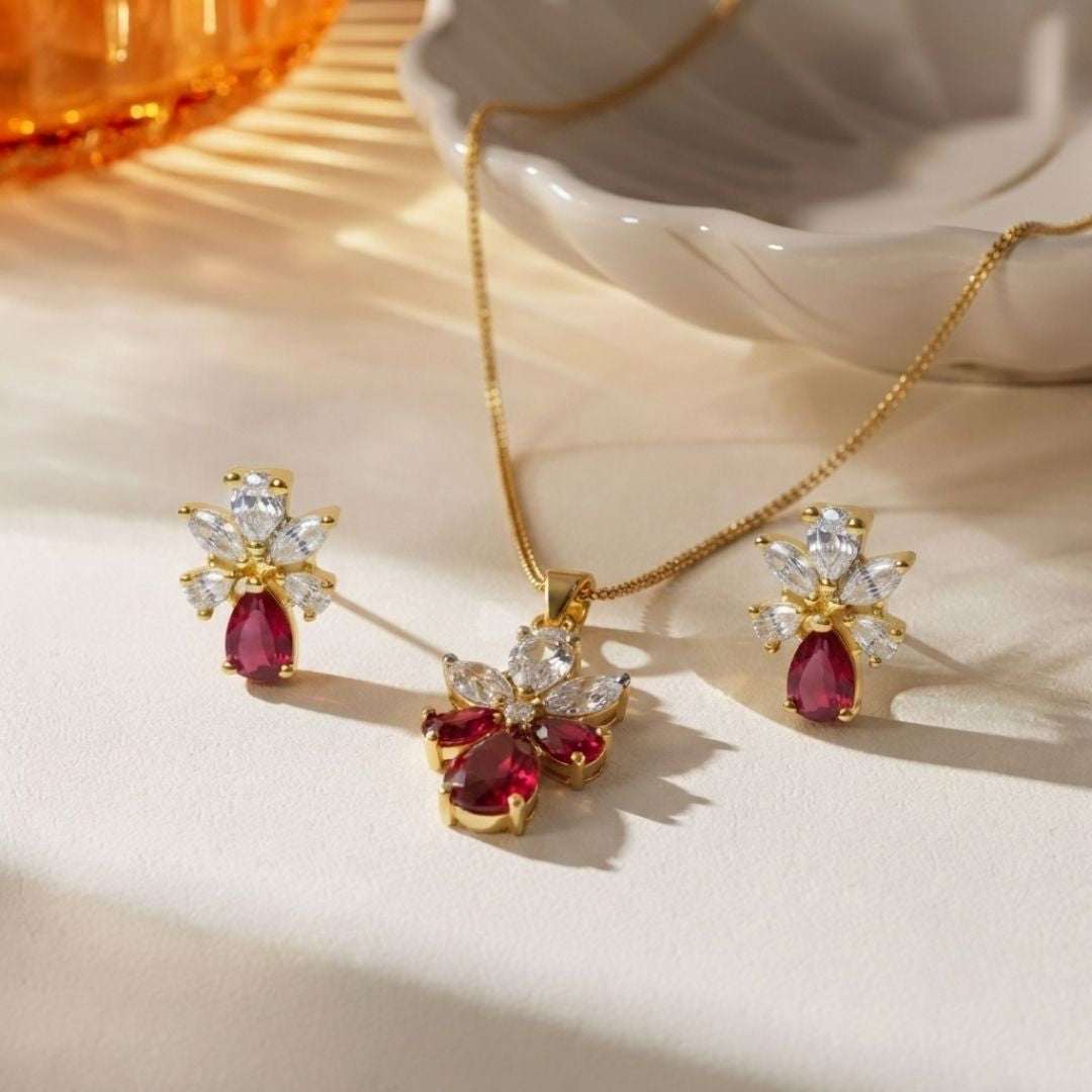 Ruby Bloom Gold Finish Wedding Jewellery Pendant Set