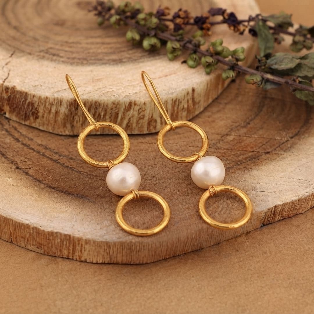 Double Circle Pearl Drop Anti-Tarnish Earrings