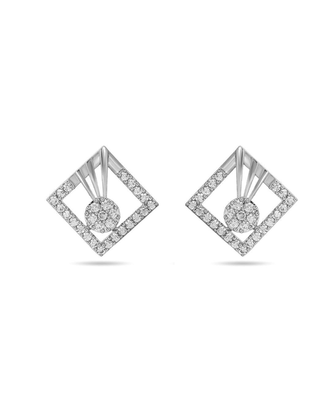 Silver Finish Geometric Halo CZ Stud Earrings