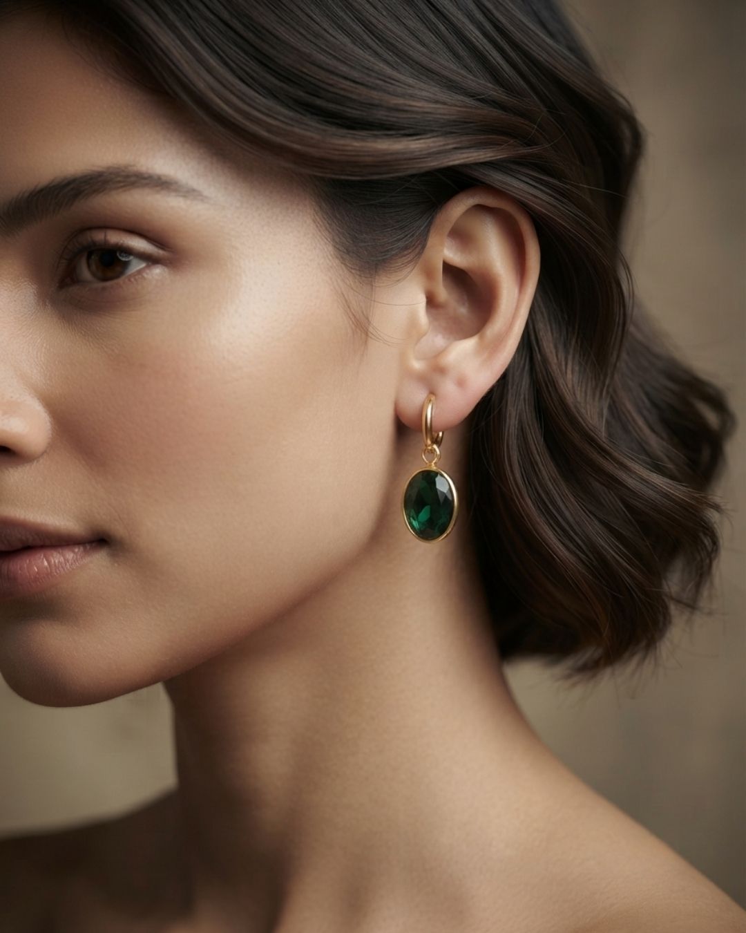 Green Oval Stone Hoop Drop Earrings for Women