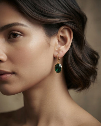 Green Oval Stone Hoop Drop Earrings for Women