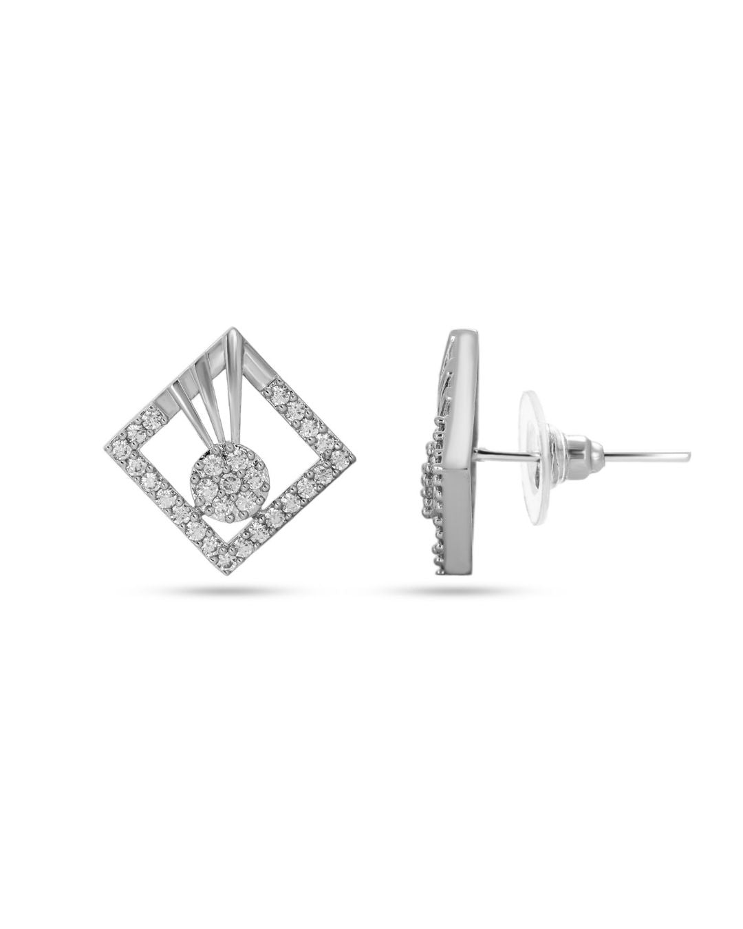 Silver Finish Geometric Halo CZ Stud Earrings