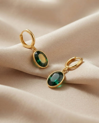 Green Oval Stone Hoop Drop Earrings for Women