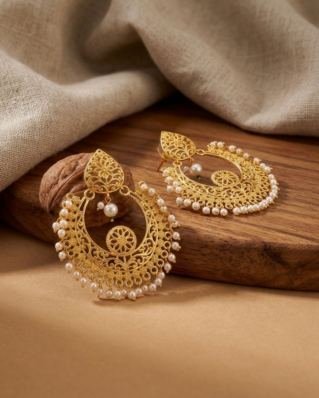 Elegant Chandbali Earrings with Pearl Beads