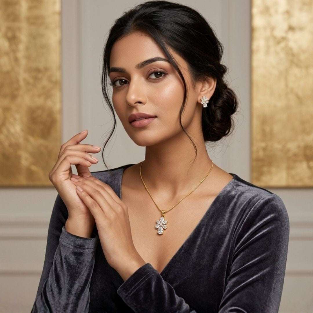 Crystal Bloom Gold Finish AD Pendant Set