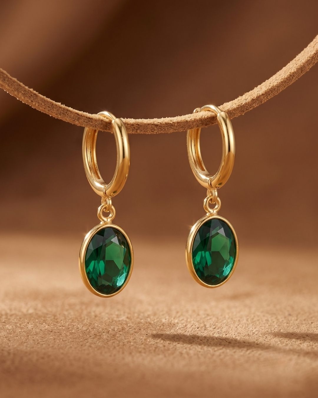 Green Oval Stone Hoop Drop Earrings for Women