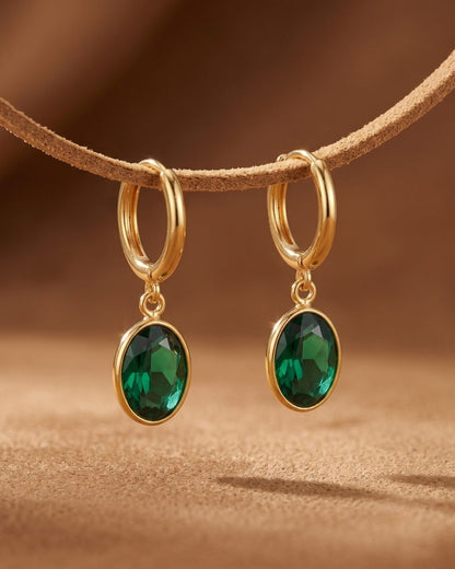 Green Oval Stone Hoop Drop Earrings for Women