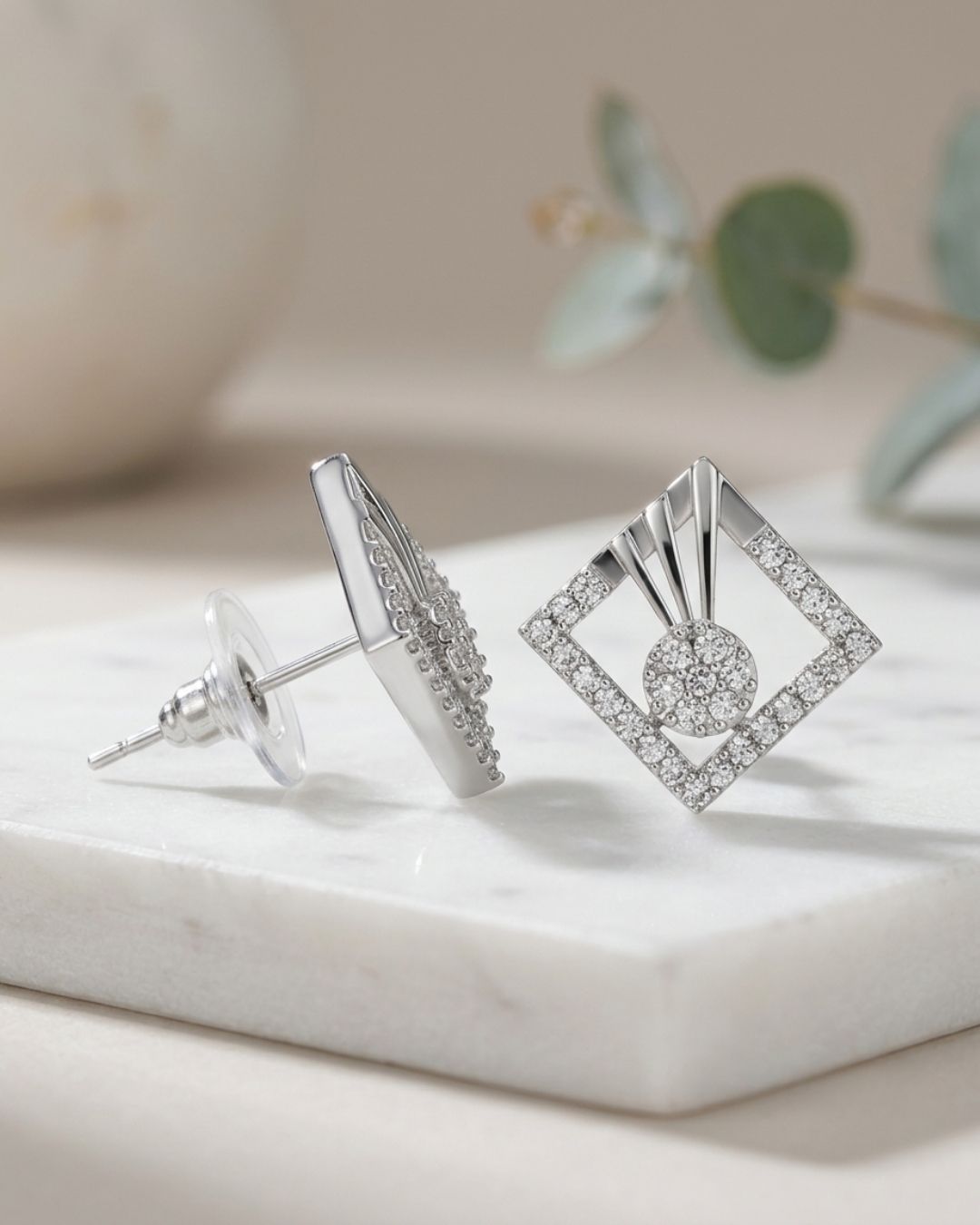 Silver Finish Geometric Halo CZ Stud Earrings