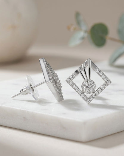 Silver Finish Geometric Halo CZ Stud Earrings