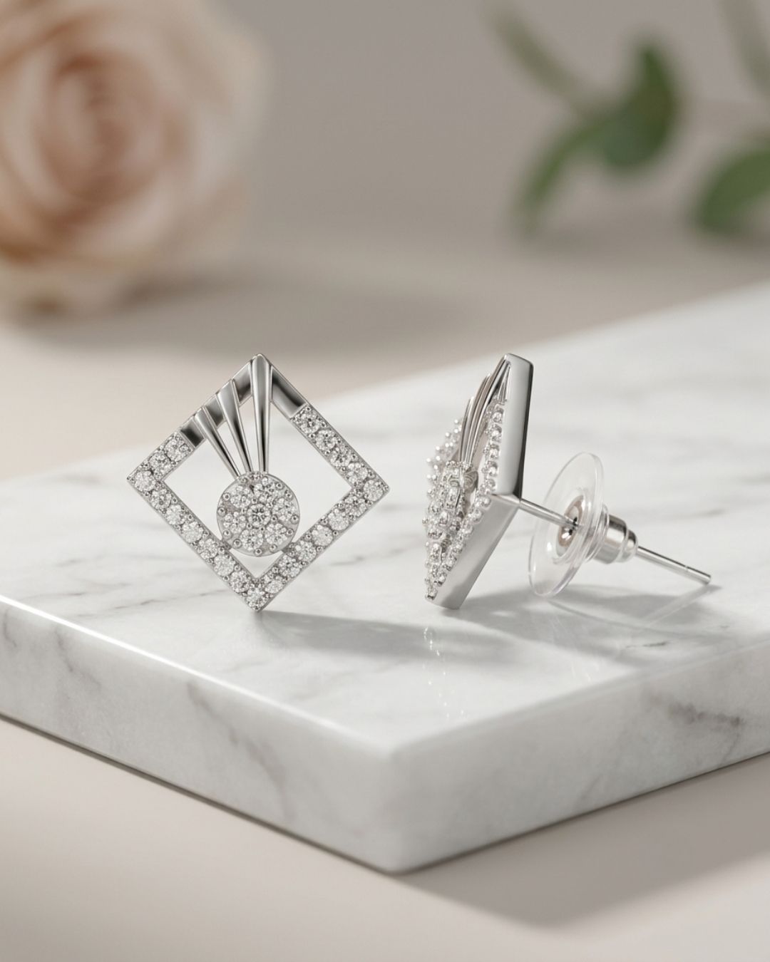 Silver Finish Geometric Halo CZ Stud Earrings