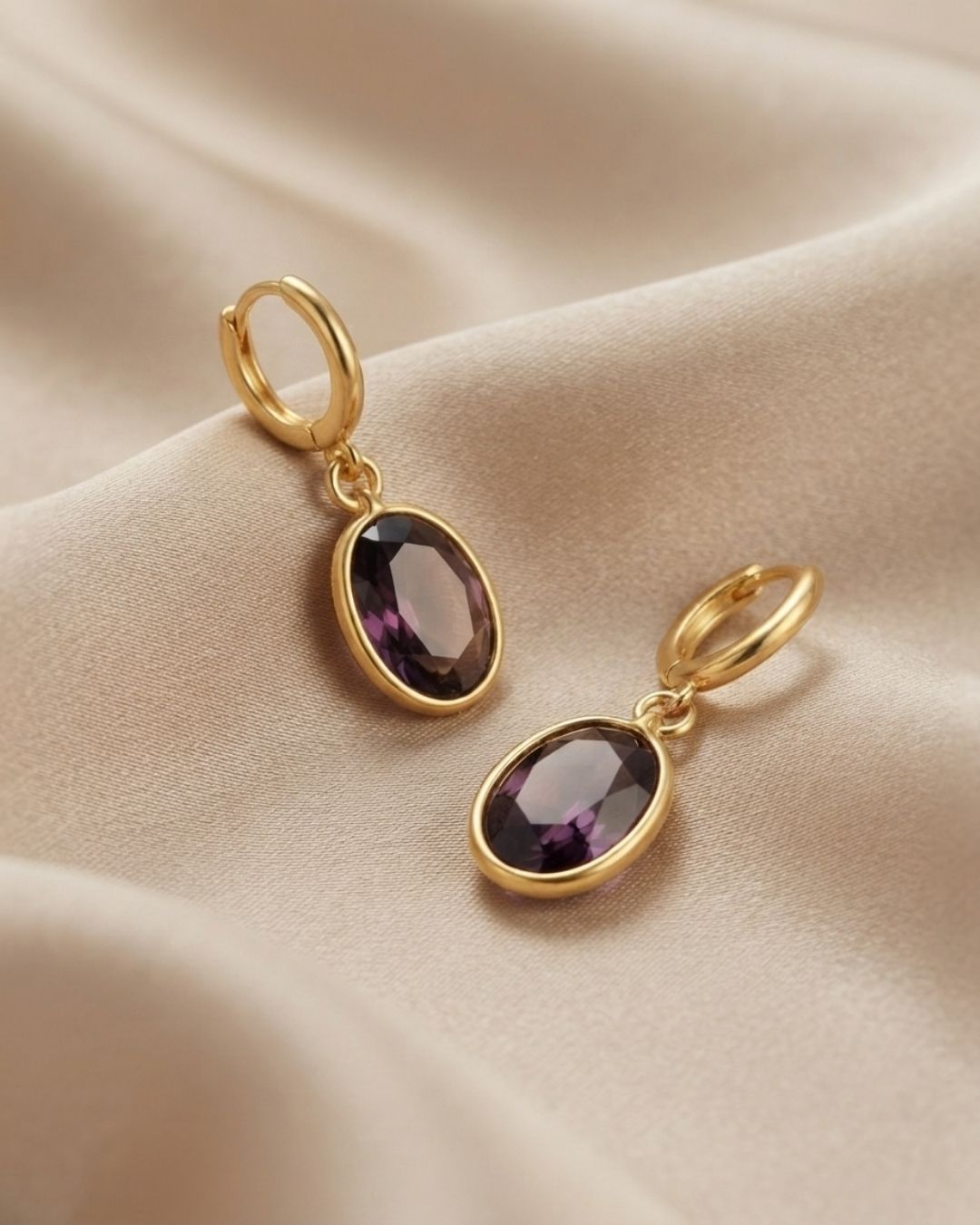 Purple Oval Stone Hoop Drop Earrings for Women