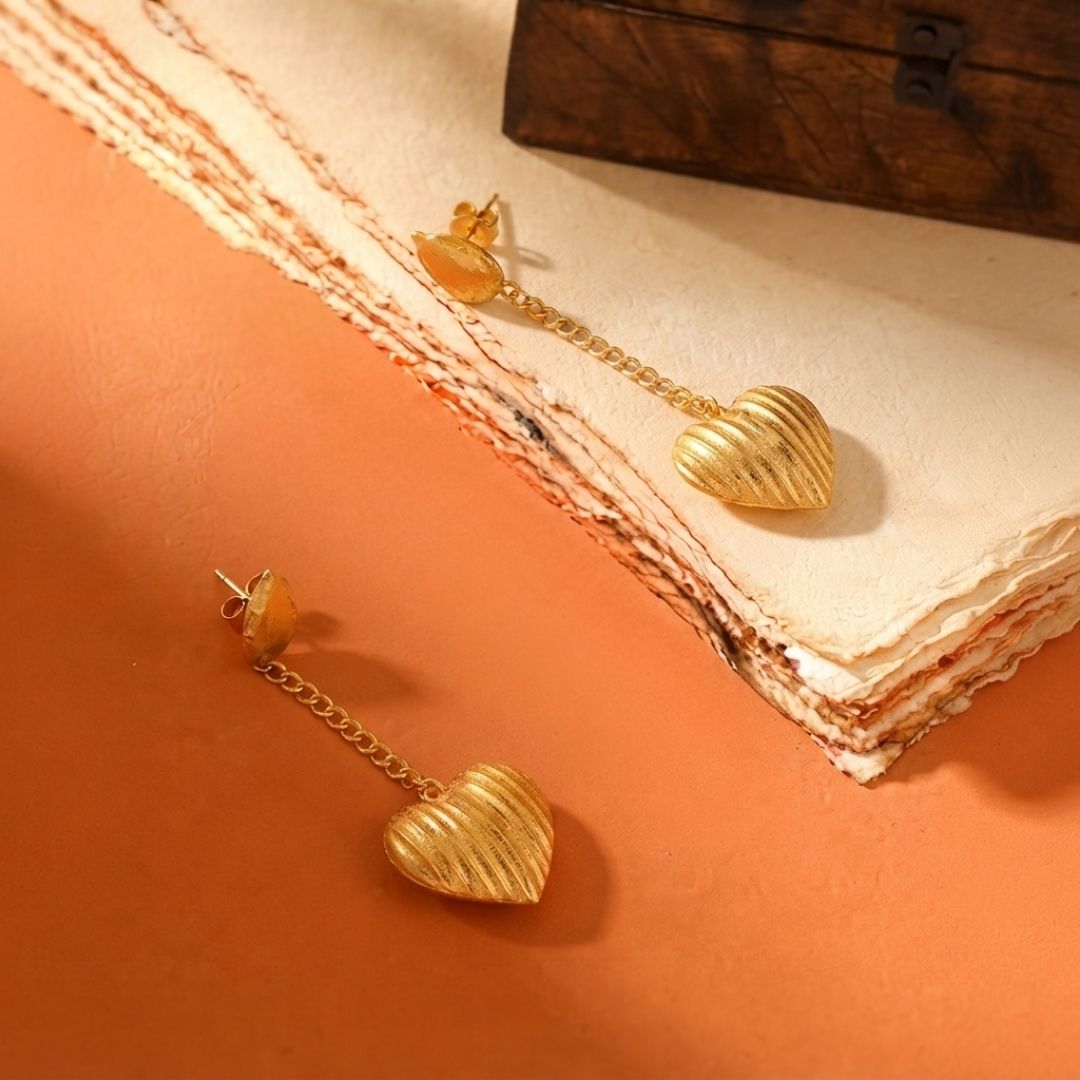 Gold Tone Handmade Heart Chain Dangle Earrings
