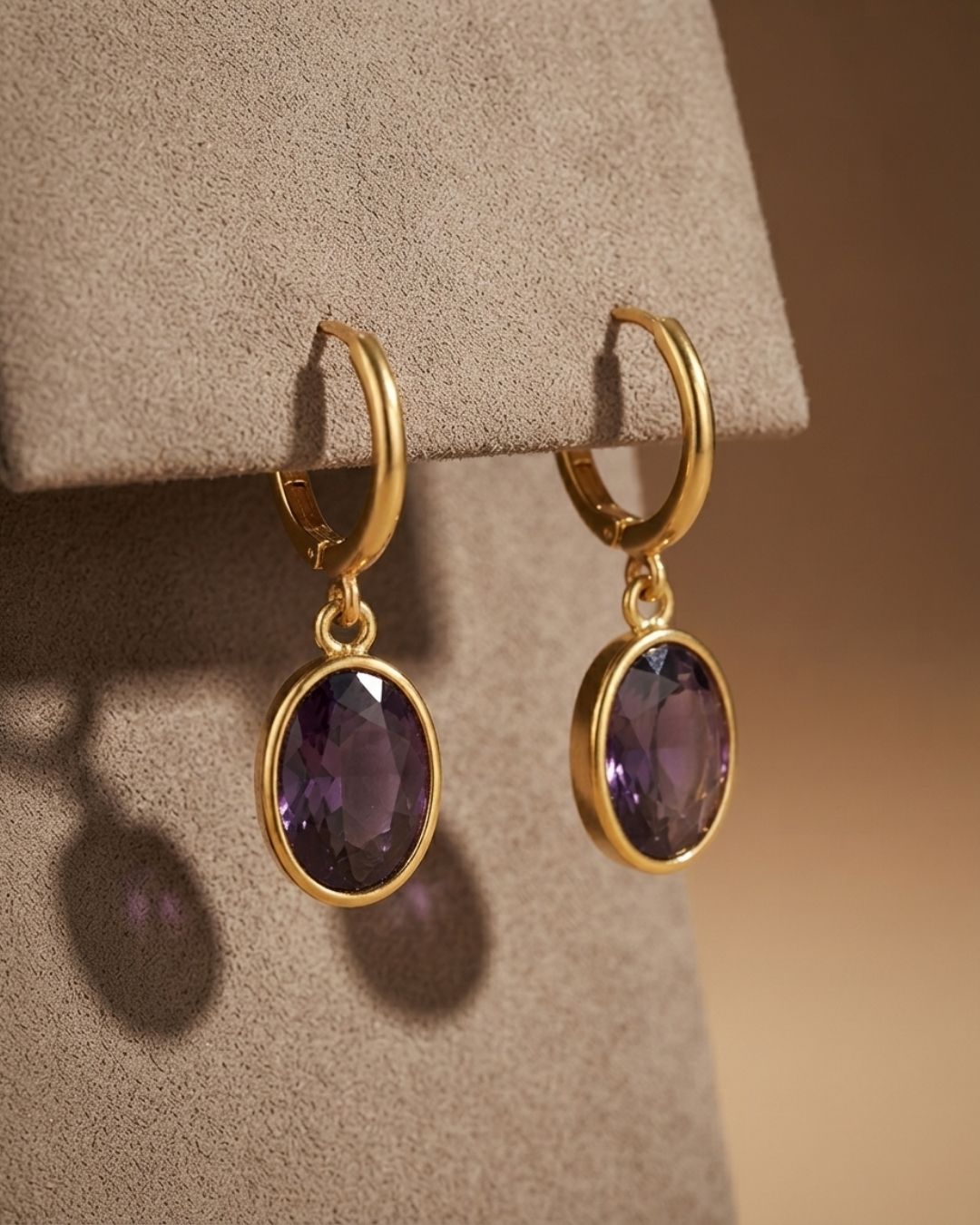 Purple Oval Stone Hoop Drop Earrings for Women