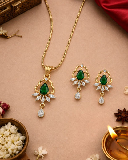 Emerald Glow Gold Finish AD Pendant Set
