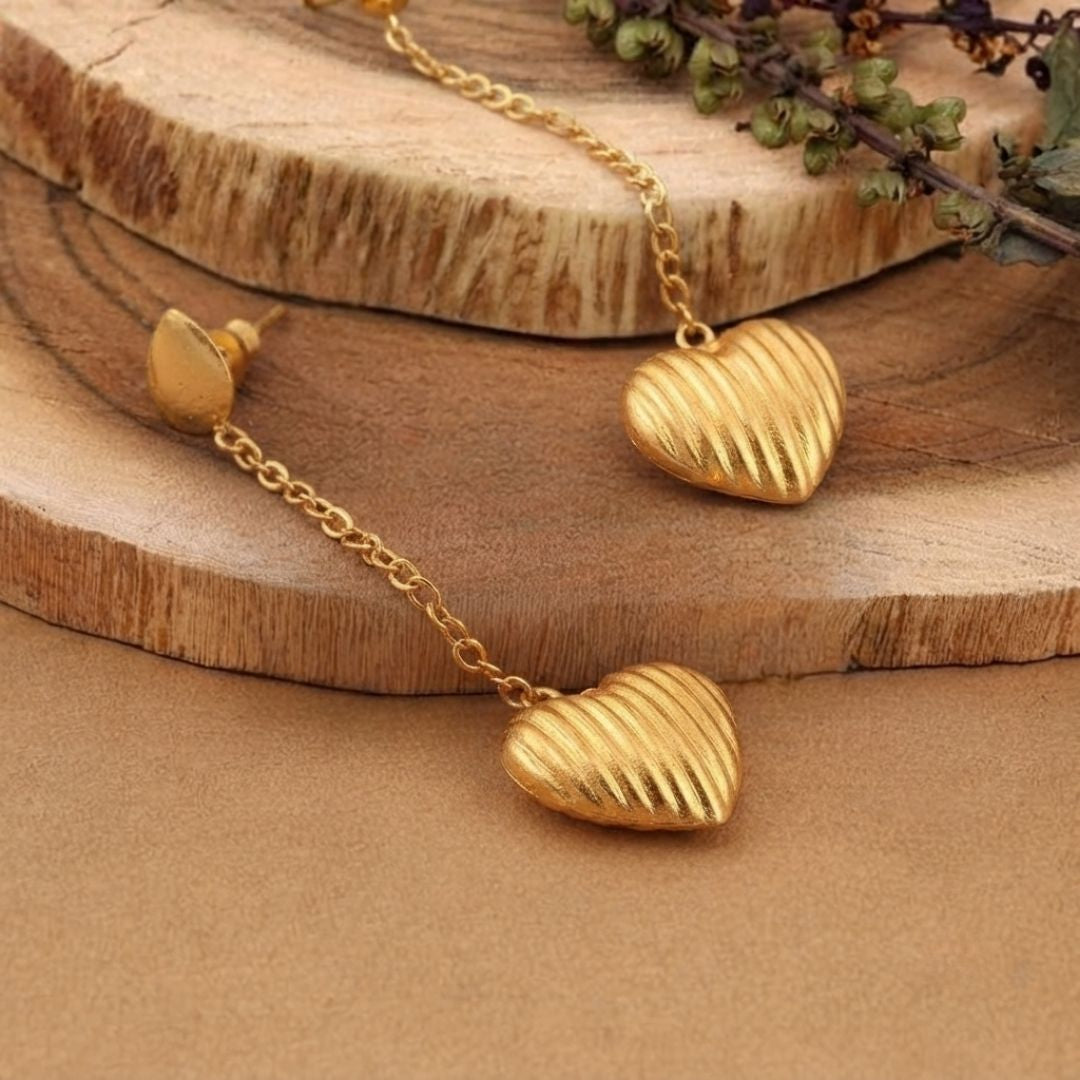 Gold Tone Handmade Heart Chain Dangle Earrings