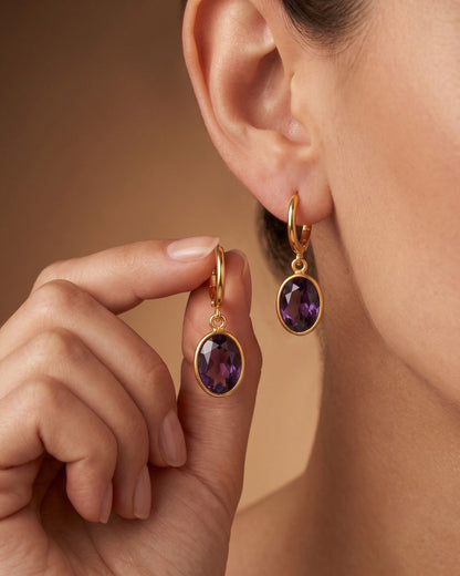 Purple Oval Stone Hoop Drop Earrings for Women