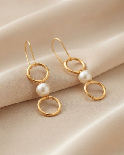 Double Circle Pearl Drop Anti-Tarnish Earrings
