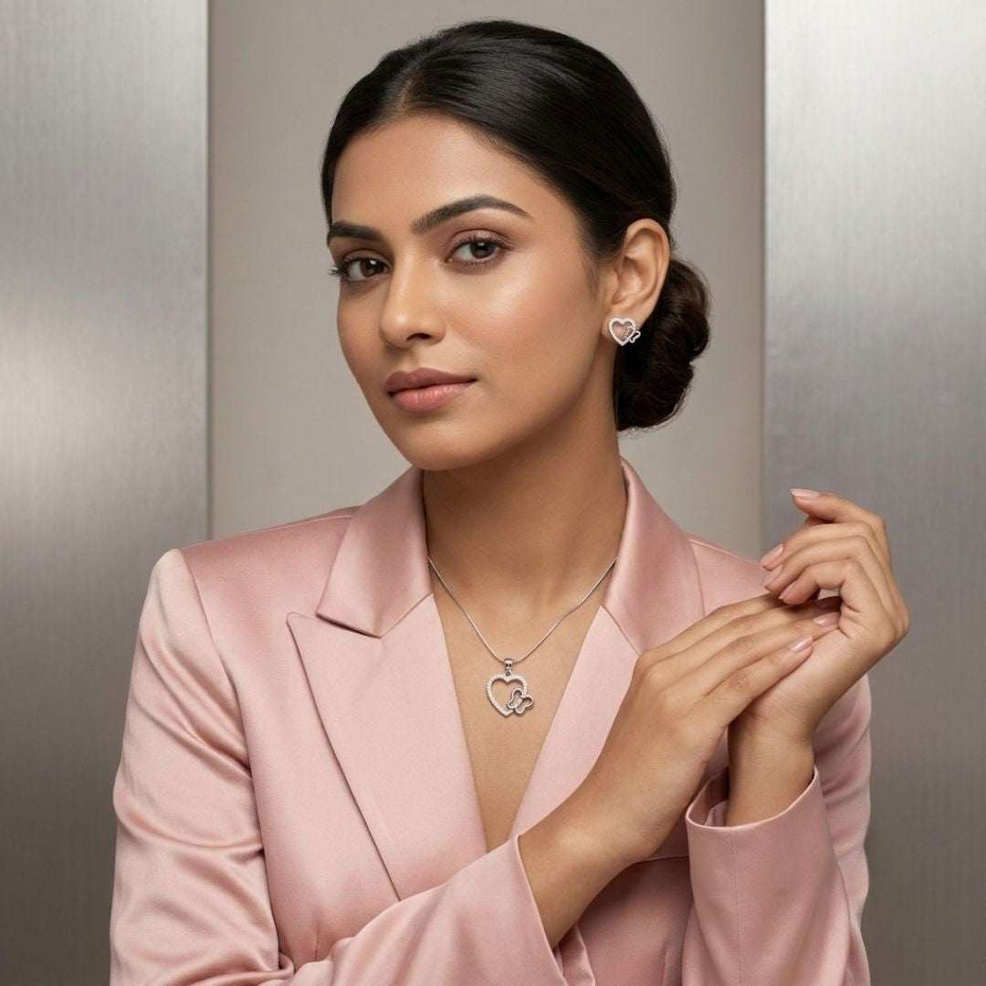 Heart & Butterfly Silver Finish Party Wear Pendant Set