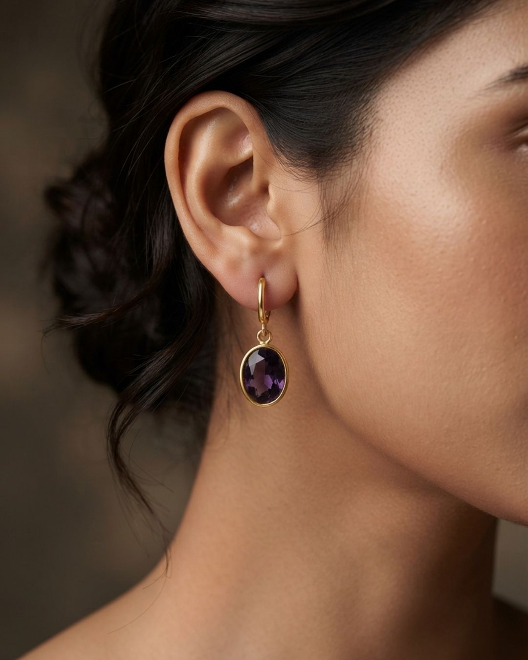 Purple Oval Stone Hoop Drop Earrings for Women