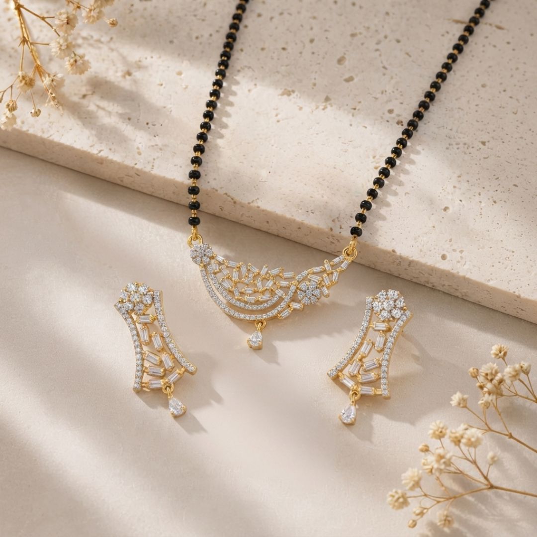 Gold Finish American Diamond Black Beads Designer Mangalsutra Set