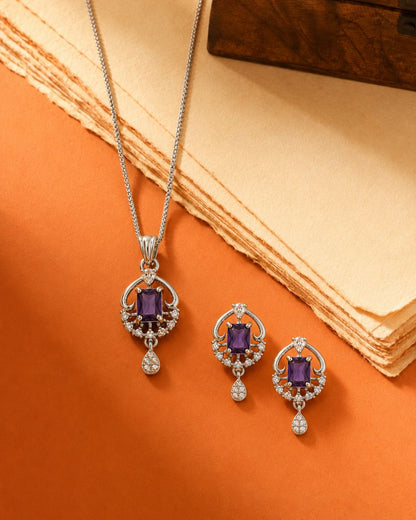 Royal Amethyst Silver Finish Antique Pendant Set