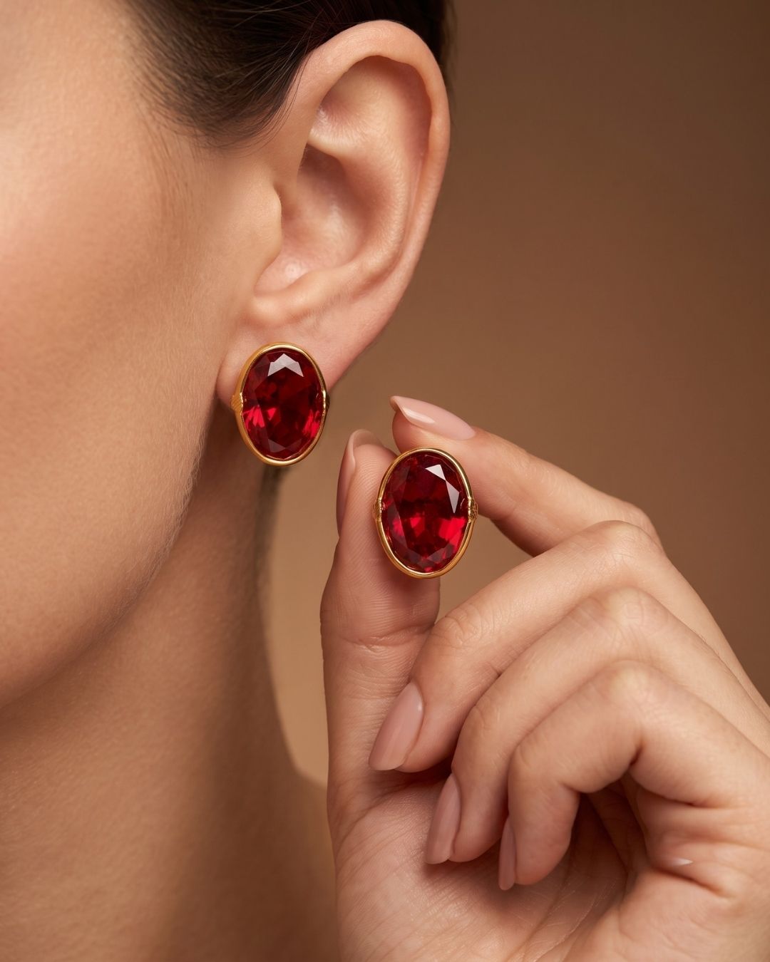 Red Oval Stone Stud Earrings for Women