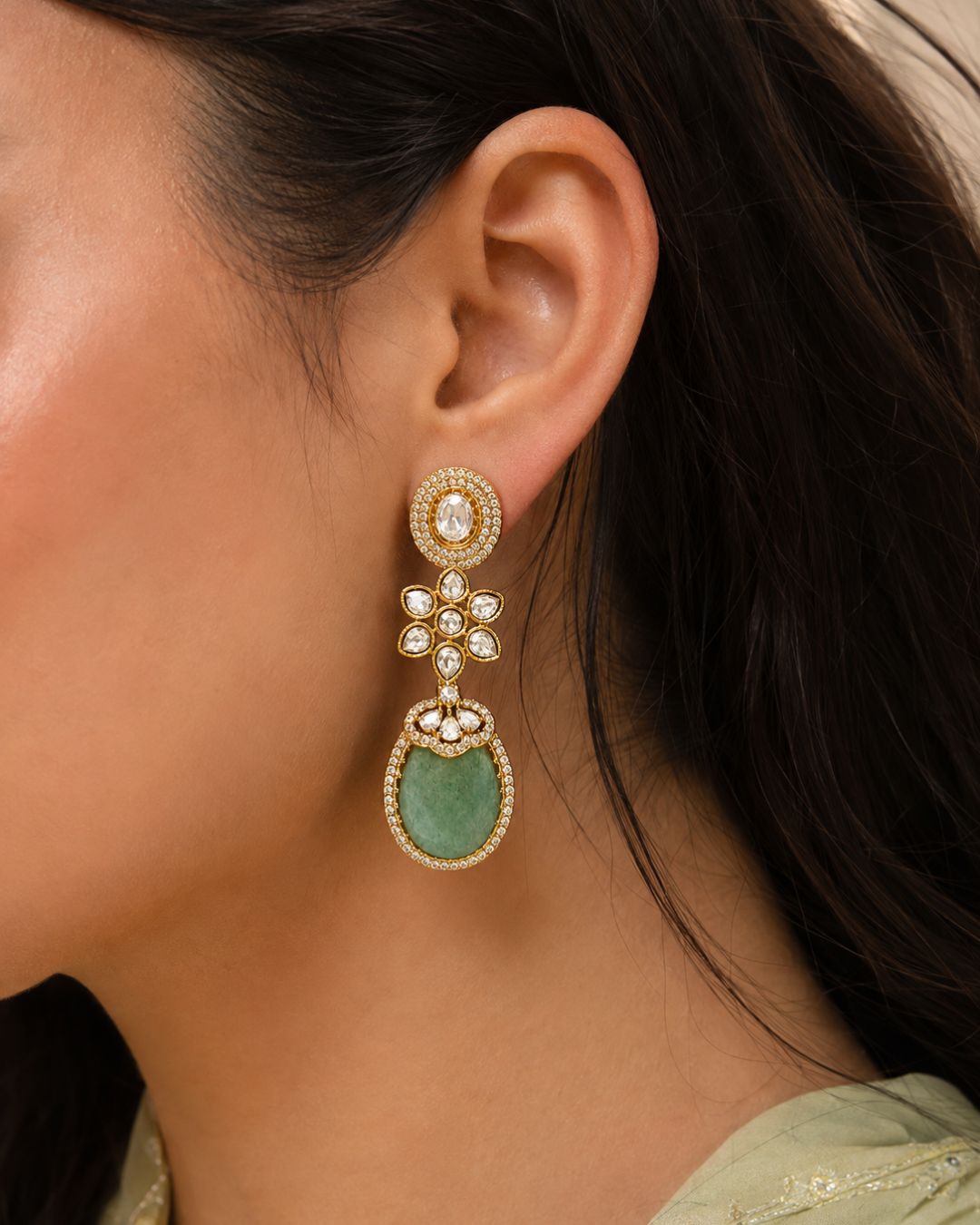 Sabyasachi inspired Polki Green Drop Earrings for Women