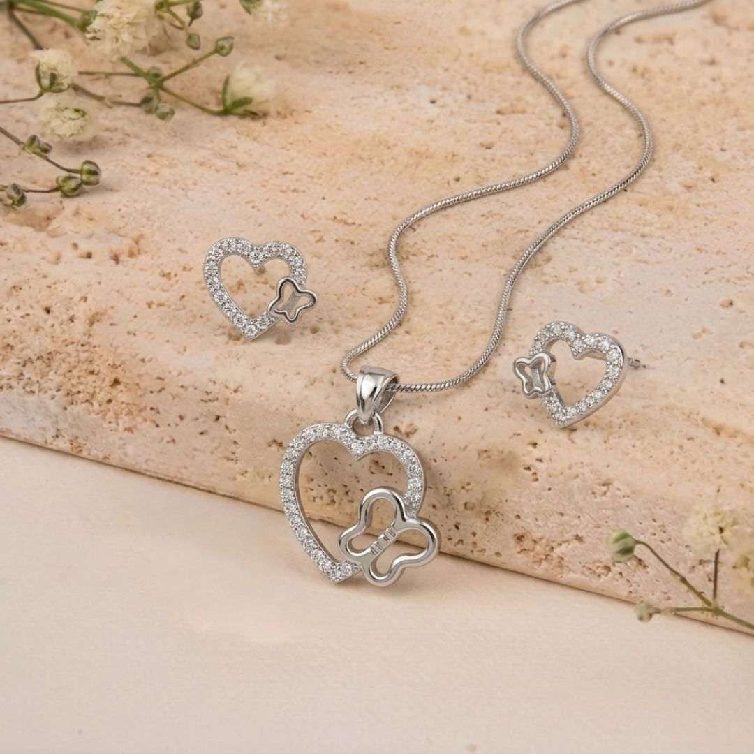 Heart & Butterfly Silver Finish Party Wear Pendant Set