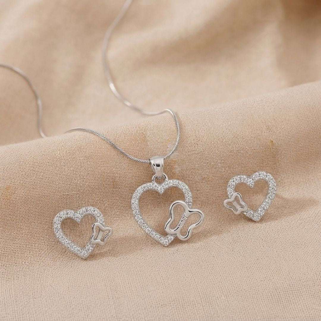 Heart & Butterfly Silver Finish Party Wear Pendant Set