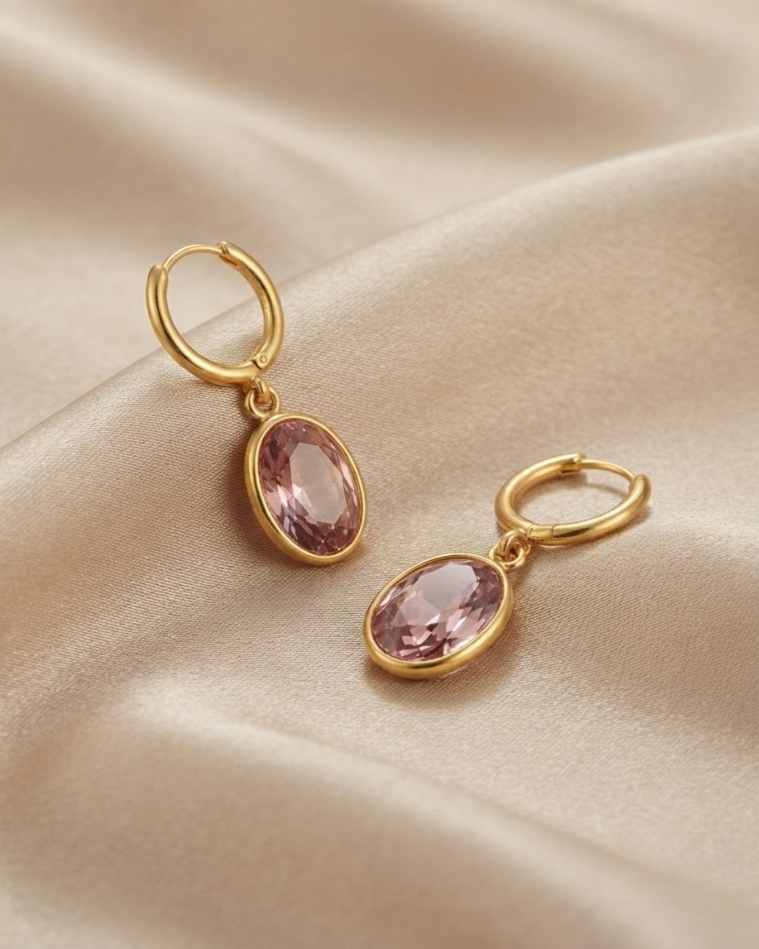 Pink Oval Stone Hoop Drop Earrings for Women