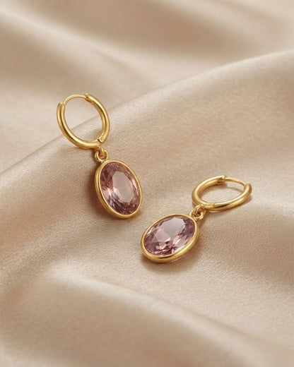 Pink Oval Stone Hoop Drop Earrings for Women
