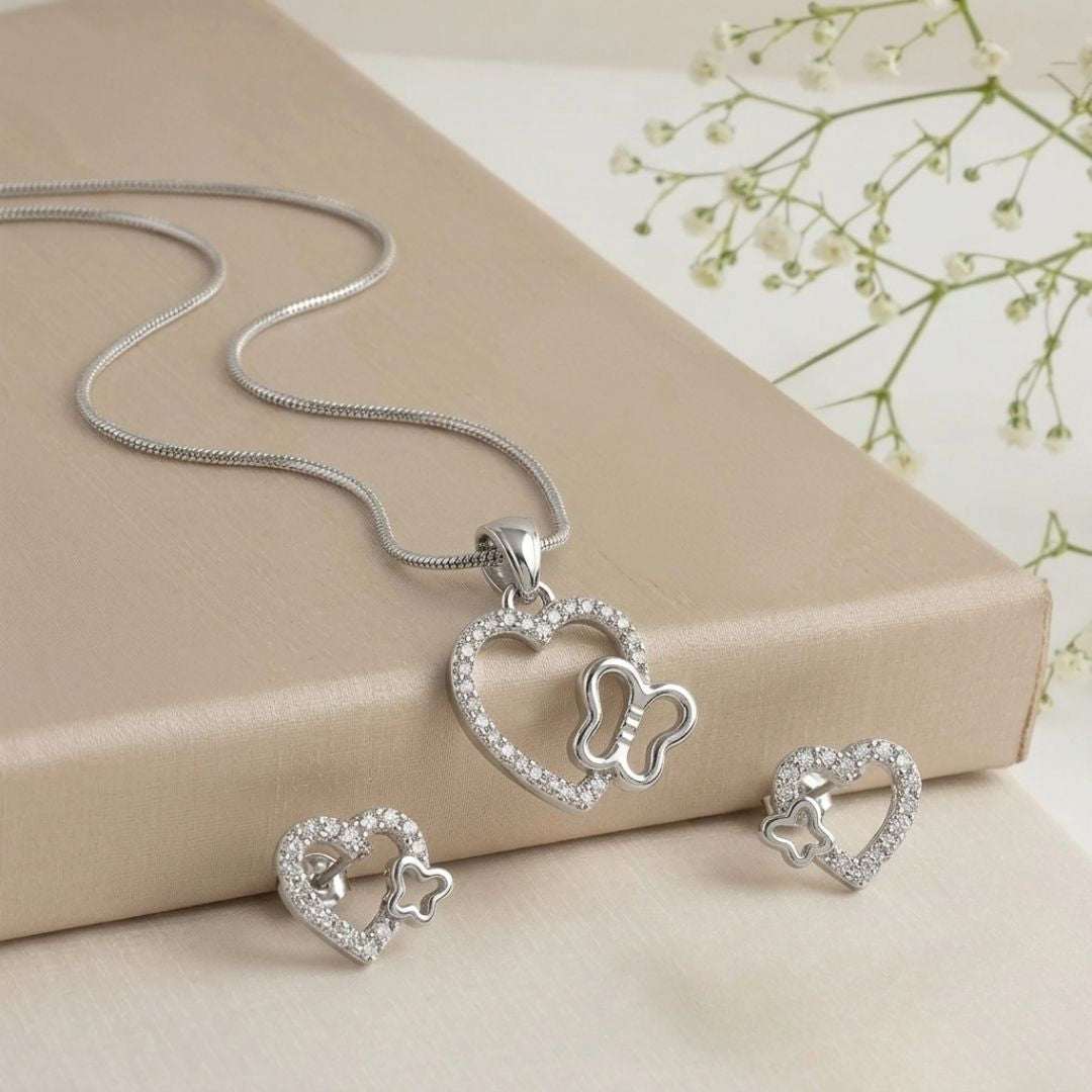 Heart & Butterfly Silver Finish Party Wear Pendant Set