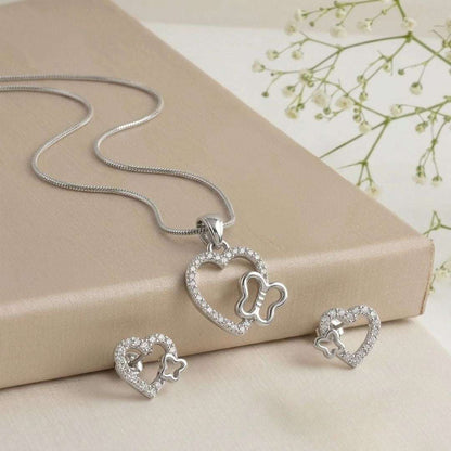 Heart & Butterfly Silver Finish Party Wear Pendant Set