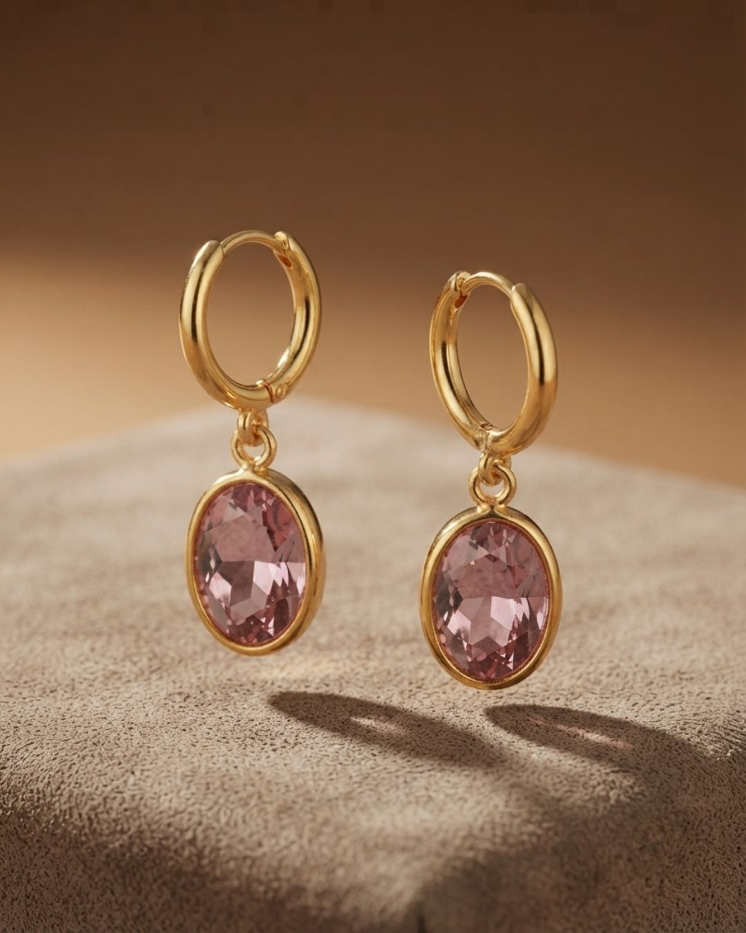 Pink Oval Stone Hoop Drop Earrings for Women