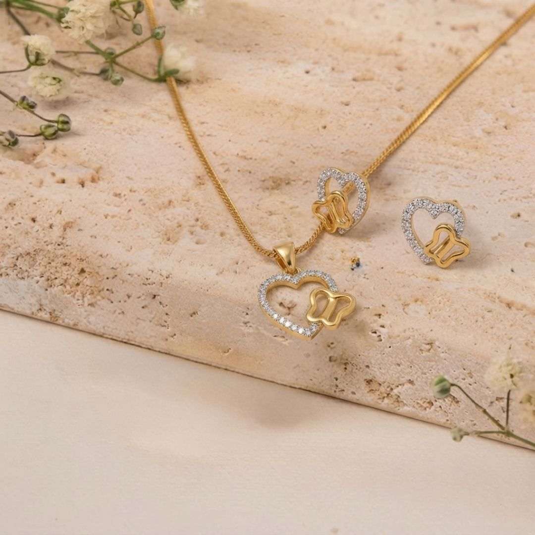 Heart & Butterfly Gold Finish AD Pendant Set