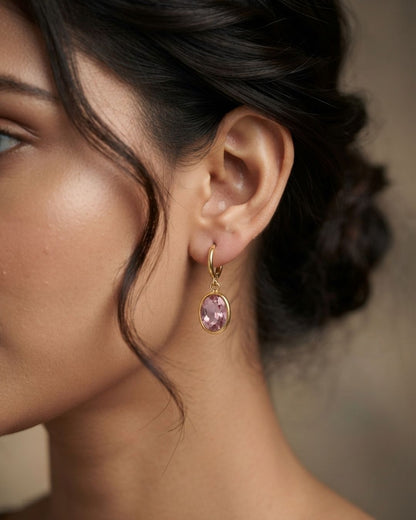 Pink Oval Stone Hoop Drop Earrings for Women