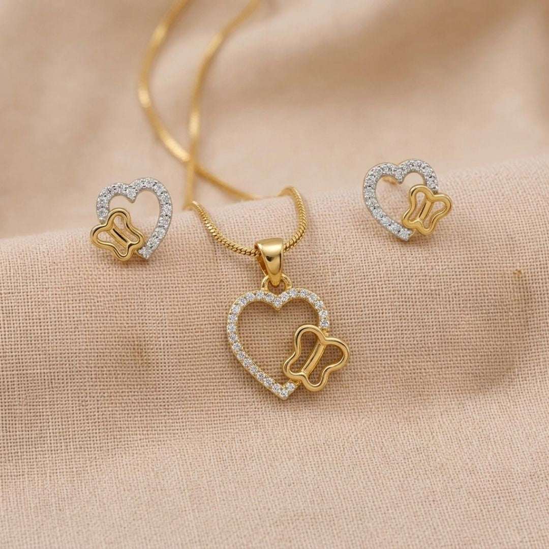Heart & Butterfly Gold Finish AD Pendant Set